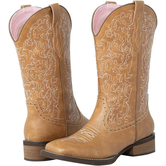 Brown Wide Square Toe Mid Calf Ladies Western Cowgirl Boots Cowboy Boots - Picture 9 of 9